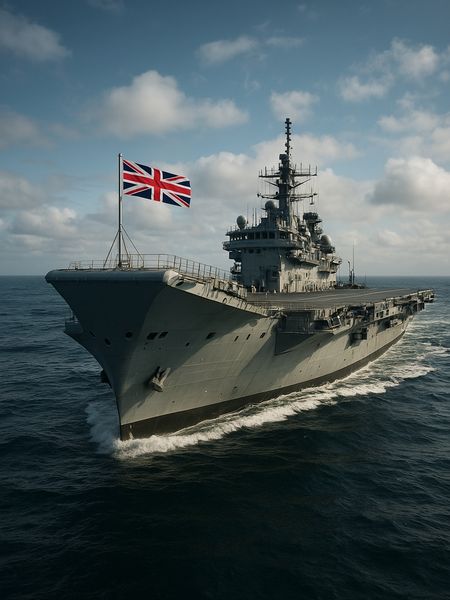 AI generated image of Royal Navy aircraft carrier sailing in the ocean with the Union Jack flag, representing the maritime power of the United Kingdom