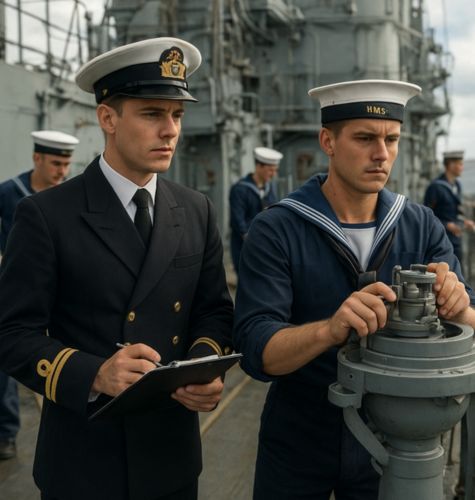 AI generated image of Royal Navy officers and sailors working together aboard a ship, focusing on navigation and teamwork