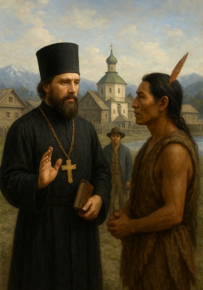 AI generated image of A Russian Orthodox missionary speaking with an Alaska Native man during the early Russian-American Company period in Sitka, symbolizing cultural exchange and Christianity’s influence in Alaska