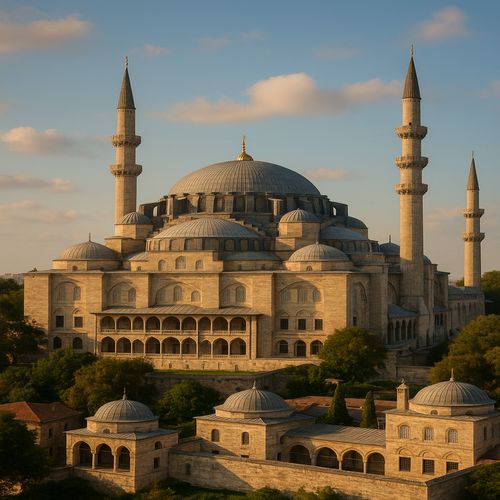 AI generated image of Suleymaniye Mosque in Istanbul showcasing Ottoman architecture with Islamic, Byzantine, and Persian design elements