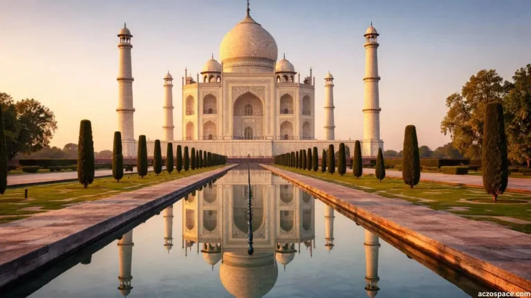 Taj Mahal in Agra, India photographed at sunrise showing white marble Mughal architecture