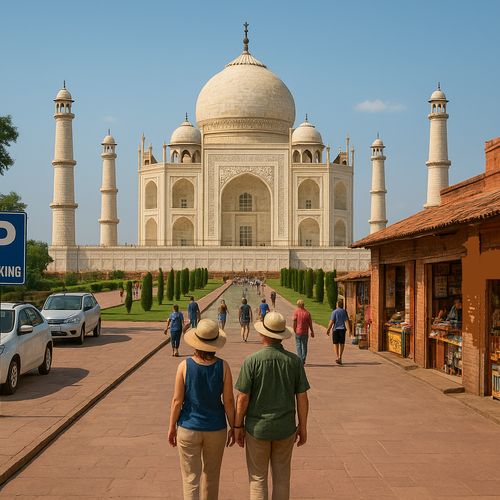 AI generated image of Tourists walking near parking area and shops outside the Taj Mahal in Agra, India, with the iconic white marble monument in the background