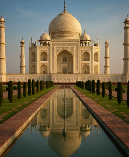 AI generated image of Front view of the Taj Mahal with reflecting pool and gardens, symbol of Mughal architecture in India