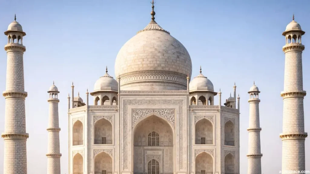 Central dome and minarets of the Taj Mahal highlighting Mughal architectural design