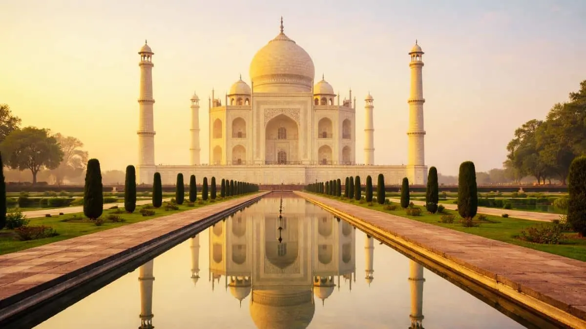 Taj Mahal history and architecture sunrise view with reflection