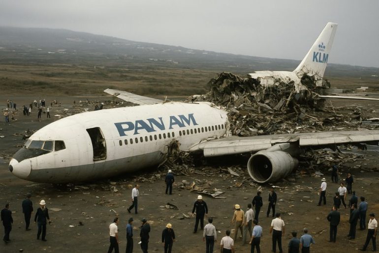 History of the Tenerife Airport Disaster AI generated image of Wreckage of KLM and Pan Am Boeing 747s after the 1977 Tenerife Airport Disaster at Los Rodeos Airport, Spain