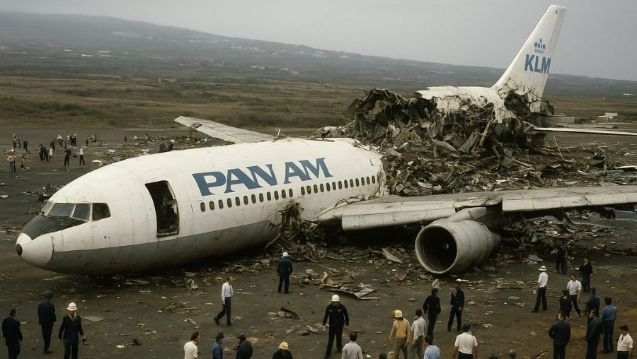 History of the Tenerife Airport Disaster AI generated image of Wreckage of KLM and Pan Am Boeing 747s after the 1977 Tenerife Airport Disaster at Los Rodeos Airport, Spain