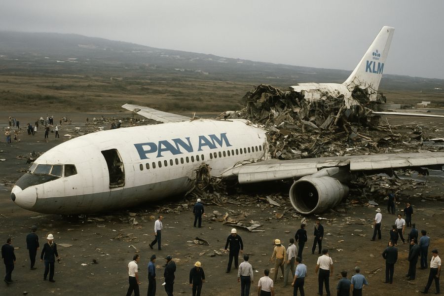 History of the Tenerife Airport Disaster AI generated image of Wreckage of KLM and Pan Am Boeing 747s after the 1977 Tenerife Airport Disaster at Los Rodeos Airport, Spain