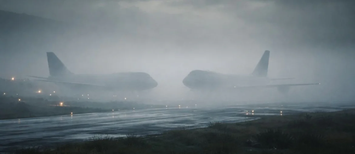 Fog-covered runway at Los Rodeos Airport during the 1977 Tenerife aviation accident