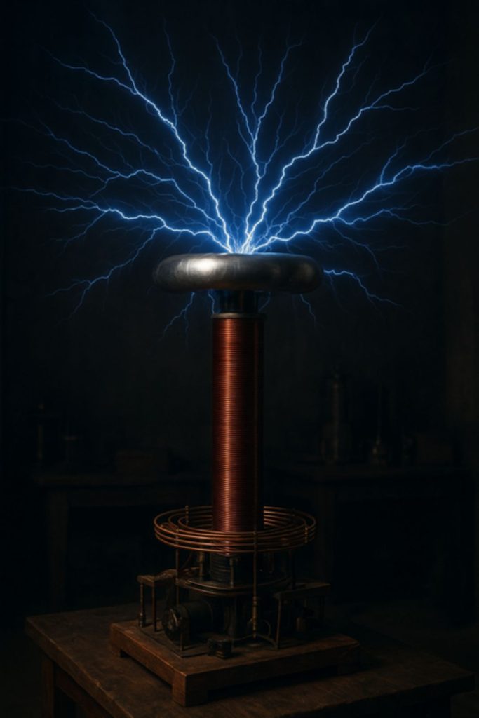 AI generated image of A Tesla coil generating bright blue electrical discharges in a vintage laboratory setting