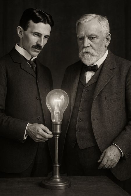 AI generated image of Nikola Tesla and George Westinghouse showcasing the power of AC electricity with a glowing light bulb at the 1893 World’s Columbian Exposition