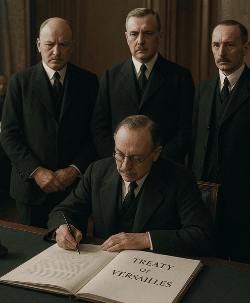 AI generated image of German delegate signing the Treaty of Versailles in 1919, officially ending World War I