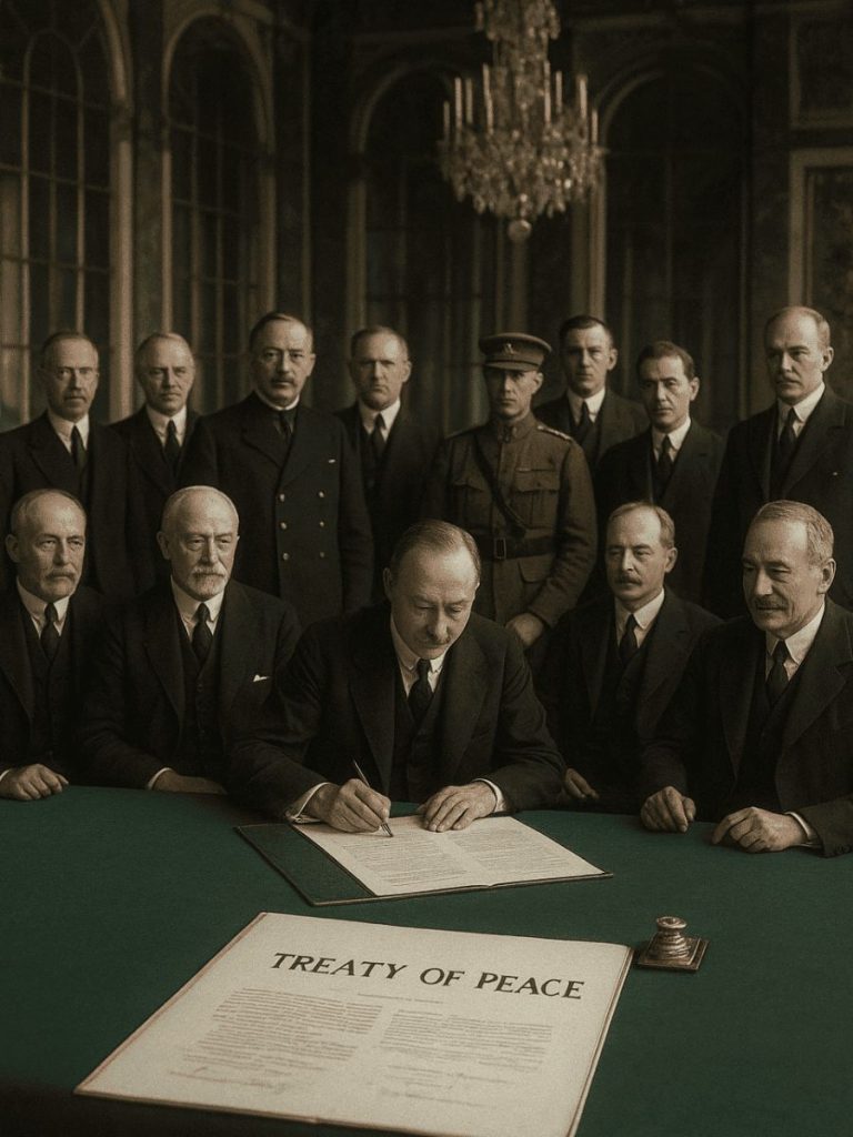 AI generated illustration of Allied and German representatives signing the Treaty of Versailles in the Hall of Mirrors, Palace of Versailles, on June 28, 1919