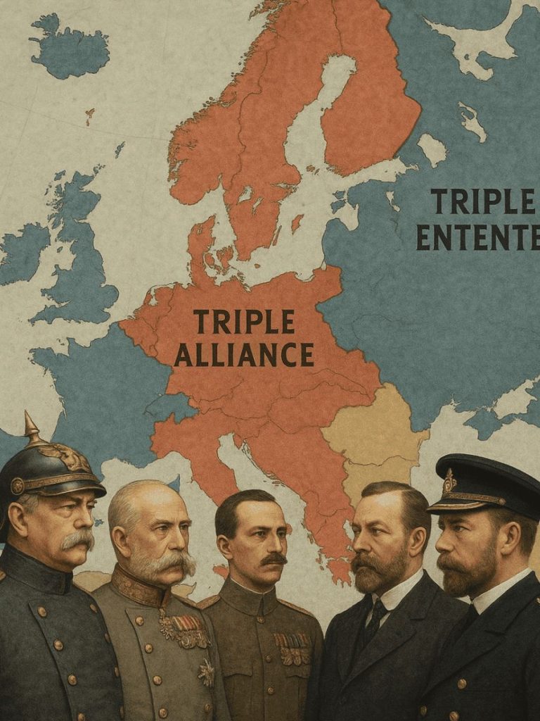 AI generated image of Historical map of Europe showing the Triple Alliance and Triple Entente before World War I with leaders of Germany, Austria-Hungary, Italy, France, Russia, and Britain