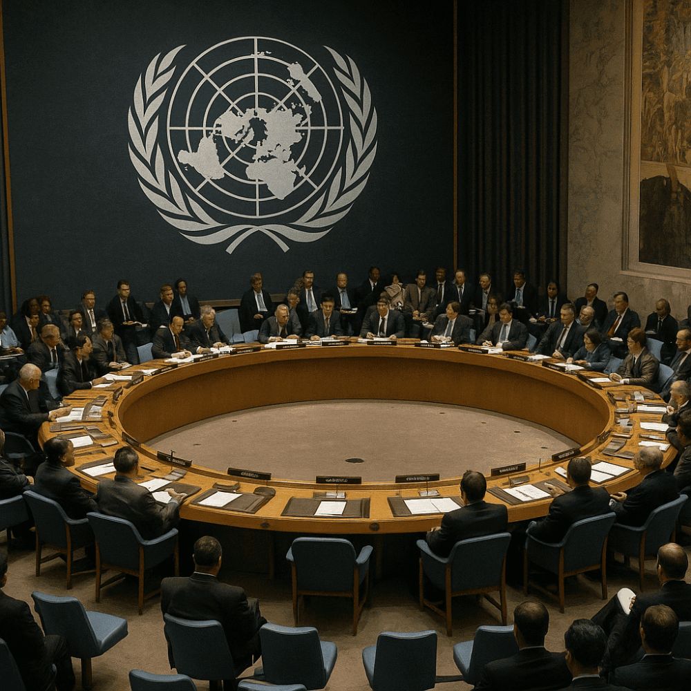 AI generated image of UN Security Council meeting after 9/11 attacks discussing counter-terrorism and divisions over the 2003 Iraq War