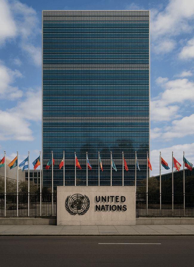 AI generated image of United Nations headquarters building in New York with international flags in front