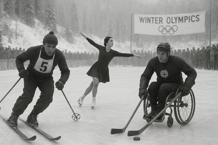 AI generated image of Athletes competing in early Winter and Paralympic Games, showing skiing, figure skating, and ice hockey in Chamonix, France, promoting inclusivity and sportsmanship