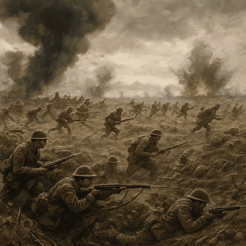 AI generated image of Realistic World War I battlefield scene with soldiers in trenches and charging across a muddy field under a smoky, war-torn sky