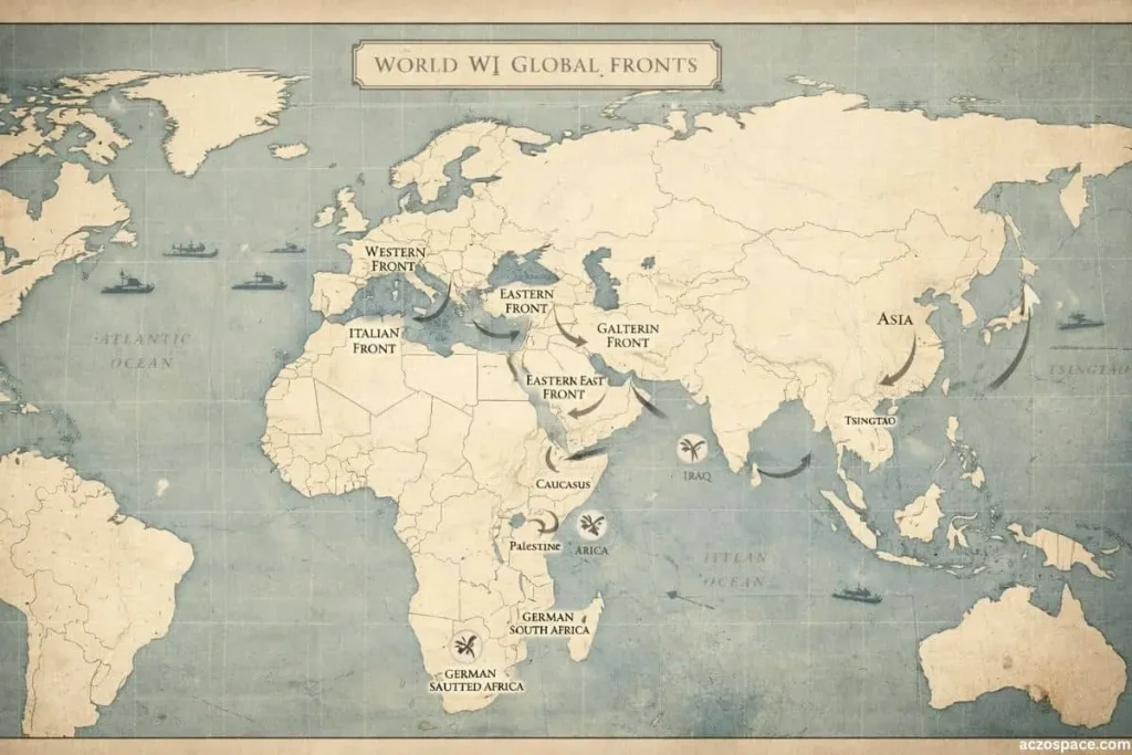 World War I expanding across multiple continents