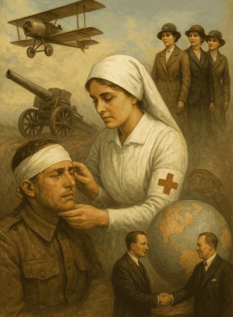 AI generated image of World War I positive impacts illustration showing a nurse treating a soldier, advancements in medicine, technology, women’s role, and international diplomacy