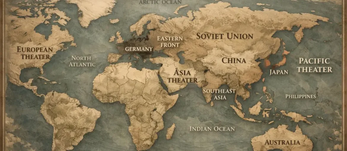 World map showing the global scale of World War II between 1939 and 1945