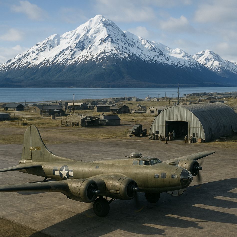 AI generated image of World War II military base in Alaska with a B-17 bomber and snow-covered mountains, symbolizing Alaska’s strategic importance during the Aleutian Islands Campaign