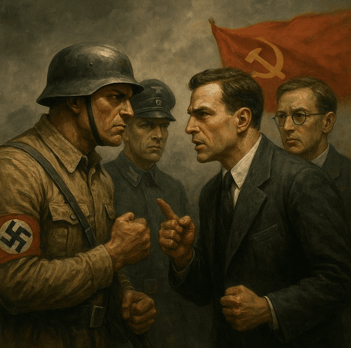 AI generated image of A realistic painting showing the ideological conflict of World War II between fascism and communism