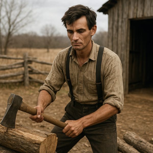 AI generated image of Young Abraham Lincoln splitting wood on a farm, symbolizing his hardworking early life and the discipline that shaped his characte