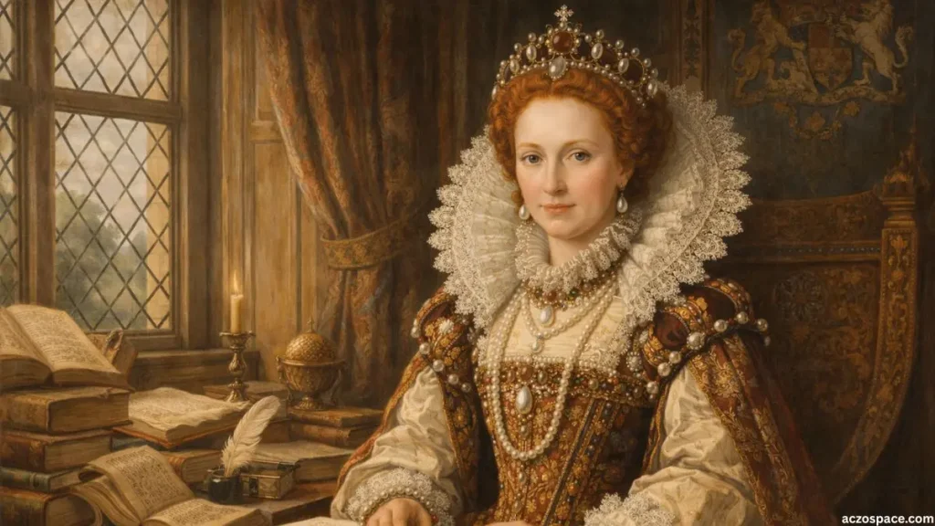 Illustration showing young Elizabeth I studying in a Tudor palace