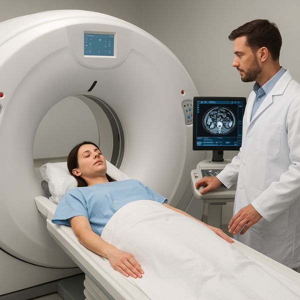 AI generated image of Patient undergoing CT scan with doctor monitoring 3D medical images
