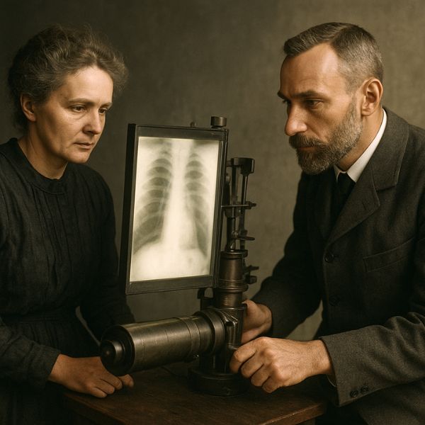 AI generated image of Marie and Pierre Curie working with early X-ray equipment for cancer treatment