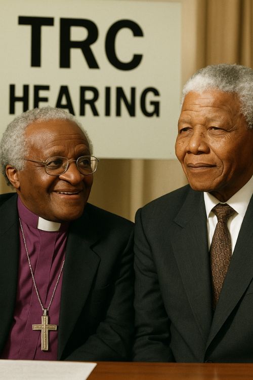 AI generated image of Desmond Tutu and Nelson Mandela at TRC hearing promoting unity and healing