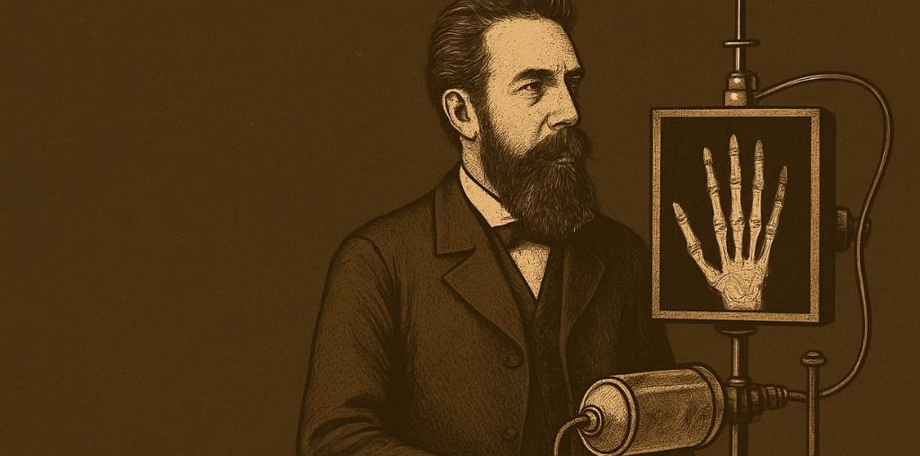 AI generated image of Wilhelm Roentgen discovering X-rays during a scientific experiment