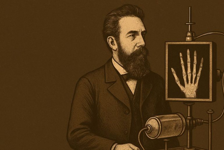 AI generated image of Wilhelm Roentgen discovering X-rays during a scientific experiment