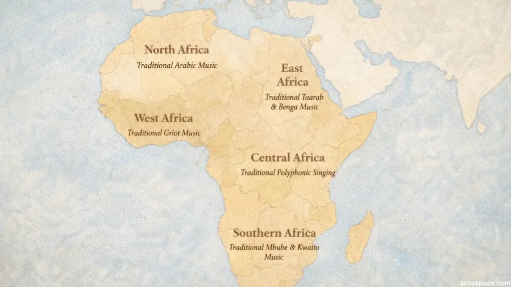 Map showing regional styles of traditional African music