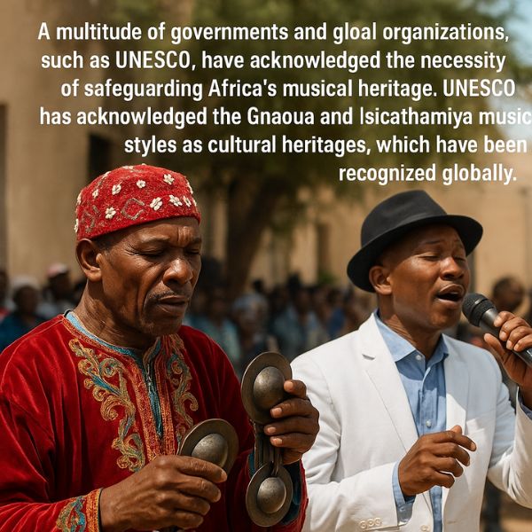 AI generated image of Gnaoua and Isicathamiya musicians performing to represent Africa’s cultural heritage recognized by UNESCO