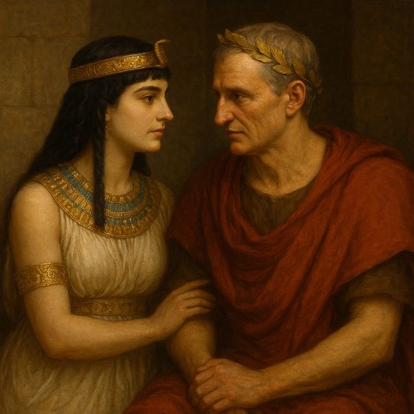 AI generated image of Cleopatra VII and Julius Caesar sharing a strategic and emotional moment, symbolizing their political alliance and its impact on Egypt’s history