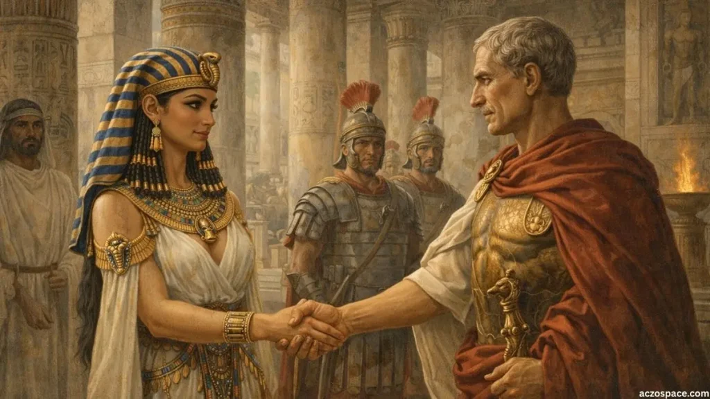 Cleopatra meeting Julius Caesar in ancient Alexandria
