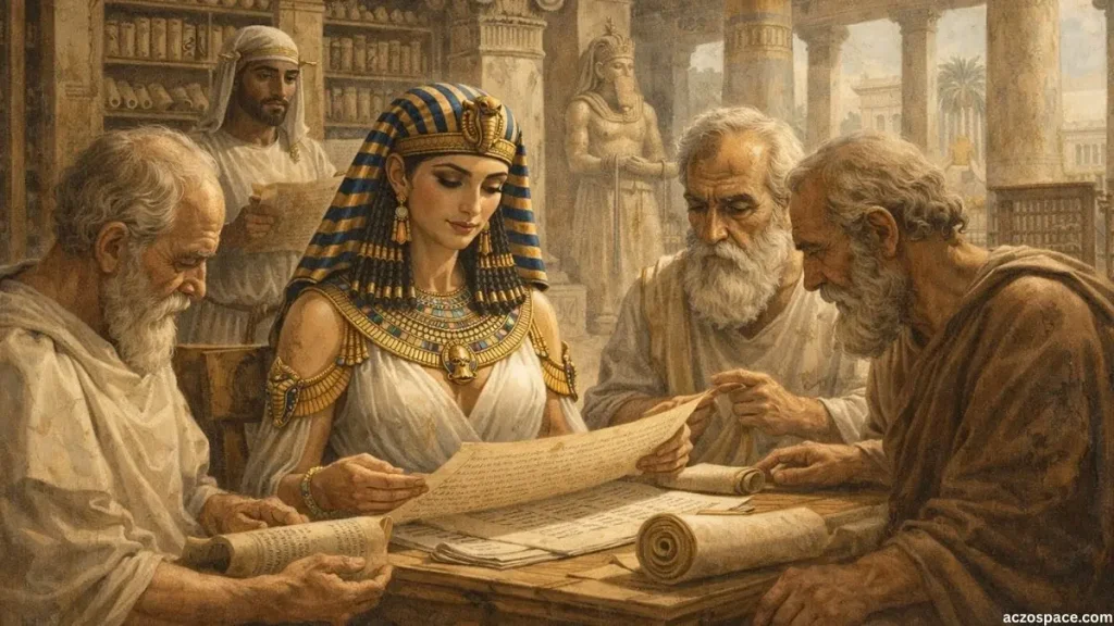 Young Cleopatra receiving education in ancient Alexandria