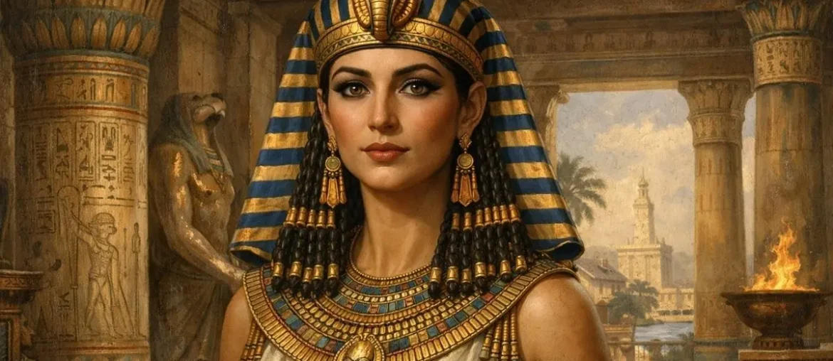 Cleopatra VII, the last queen of ancient Egypt, illustrated in royal Egyptian attire