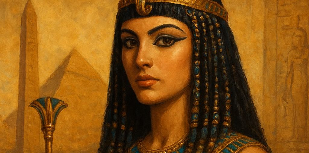 AI generated image of A realistic portrait of Cleopatra VII wearing a golden headdress and royal jewelry, representing her intelligence, beauty, and enduring legacy as Egypt’s last pharaoh