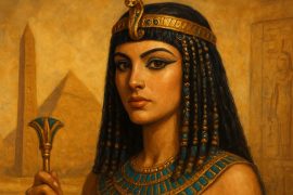 AI generated image of A realistic portrait of Cleopatra VII wearing a golden headdress and royal jewelry, representing her intelligence, beauty, and enduring legacy as Egypt’s last pharaoh