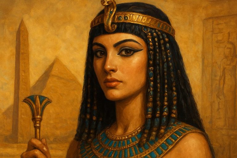 AI generated image of A realistic portrait of Cleopatra VII wearing a golden headdress and royal jewelry, representing her intelligence, beauty, and enduring legacy as Egypt’s last pharaoh