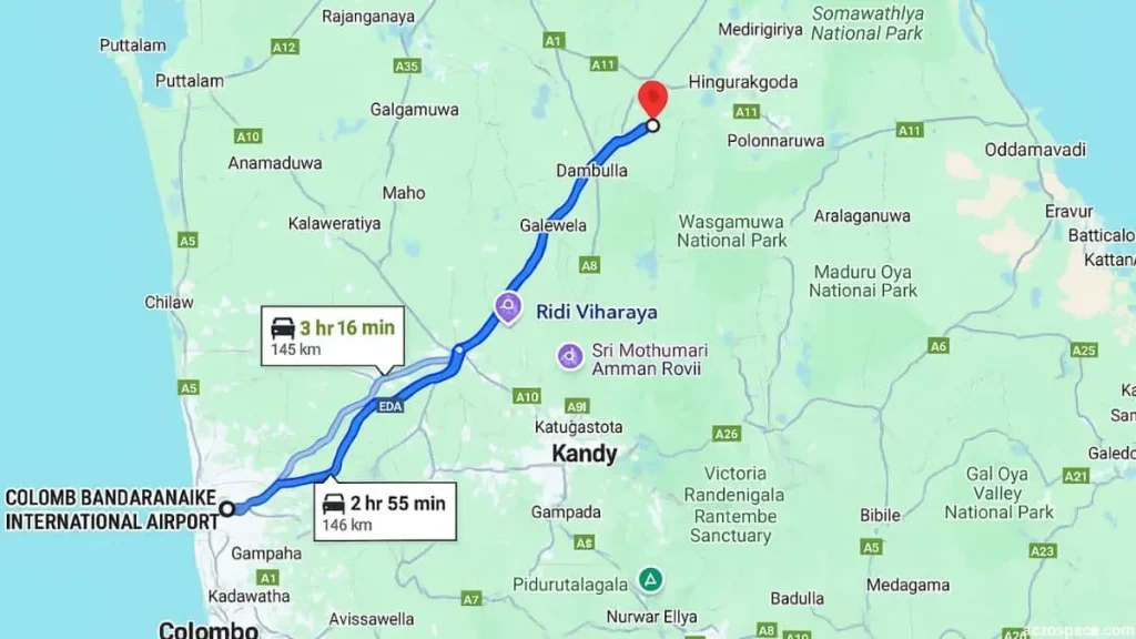 Map showing the driving route from Bandaranaike International Airport to Sigiriya in Sri Lanka