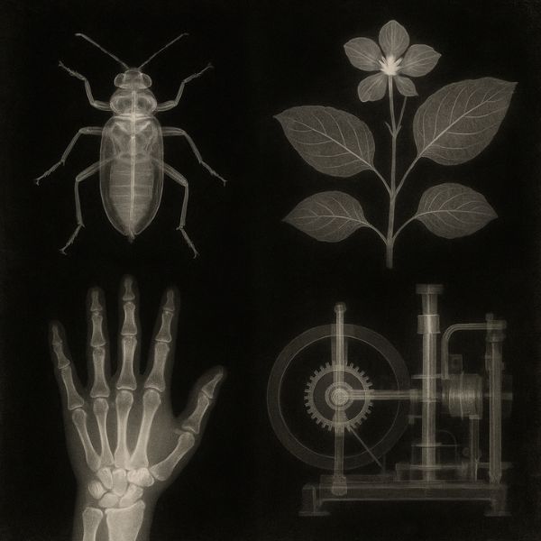 AI generated image of Early X-ray images showing a hand, plant, insect, and machine parts
