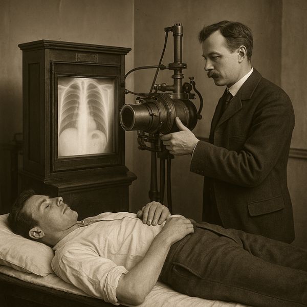 AI generated iamge of Doctor using early X-ray machine to examine patient in the 1890s