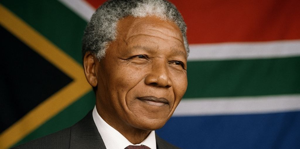 AI generated image of Nelson Mandela smiling in front of the South African flag