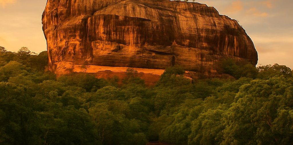AI generated image of Sigiriya Lion Rock Fortress in Sri Lanka during sunset