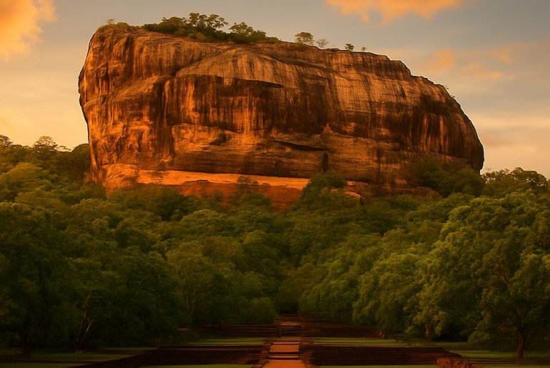 AI generated image of Sigiriya Lion Rock Fortress in Sri Lanka during sunset