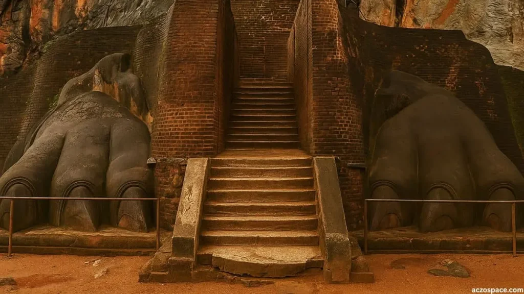 Ancient stone lion paw sculptures at the Sigiriya Rock Fortress entrance in Sri Lanka